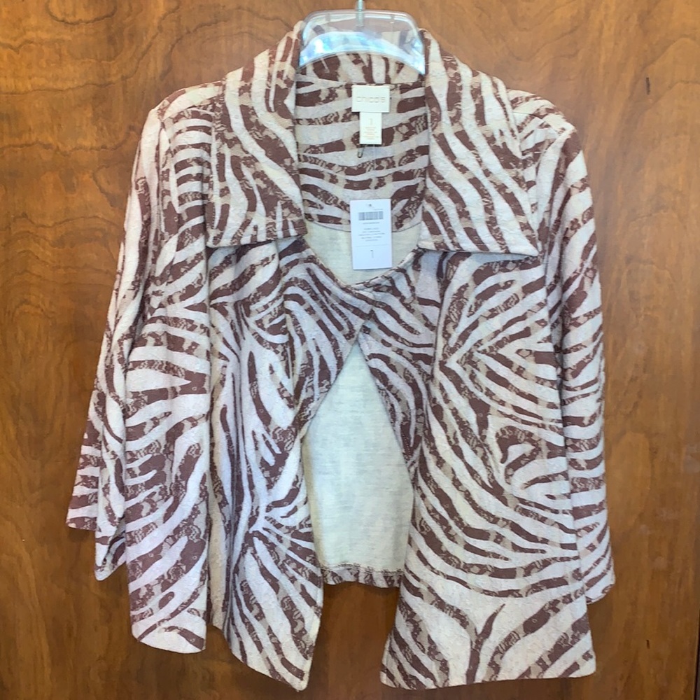 Chico's Cream and Brown Zebra-Print Open Cardigan NWT Size 1 Medium